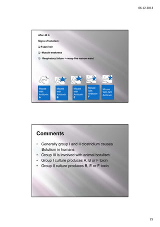 06.12.2013

After 48 h:
Signs of botulism:
 Fuzzy hair
 Muscle weakness
 Respiratory failure ‐> wasp‐like narrow waist

Mouse
with
Antitoxin
A

Mouse
with
Antitoxin
B

Mouse
with
Antitoxin
E

Mouse
with
Antitoxin
F

Mouse
With NO
Antitoxin

Comments
• Generally group I and II clostridium causes
Botulism in humans
• Group III is involved with animal botulism
• Group I culture produces A, B or F toxin
• Group II culture produces B, E or F toxin

25

 
