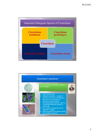 06.12.2013

Important Pathogenic Species of Clostridium

Clostridium
botulinum

Clostridium
perifringers

Clostridium

Clostridium difficile

Clostridium tetani

Clostridium botulinum
First recognized and isolated in 1896 by
Van Ermengem

1. Gram positive rods
2. Obligate anaerobes :- oxygen is
poisonous to it but it can tolerate a
little amount of it because of
presence of superoxidase
dismutase(SOD) enzymes which is
a antioxidant defense present in
some cells
3. Can produce endospores only in
absence of oxygen
4. Able to produces neurotoxins during
the formation of spores

3

 