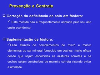 Prevenção e Controle

 Correção da deficiência do solo em fósforo:
   Esta medida não é freqüentemente adotada pelo seu alto
  custo econômico.


 Suplementação de fósforo:
  Feita através de complementos de micro e macro
  elementos ao sal mineral fornecido em cochos, muito eficaz
  desde que sejam escolhidas as misturas corretas e os
  cochos sejam construídos de maneira correta visando evitar
  a umidade.
 