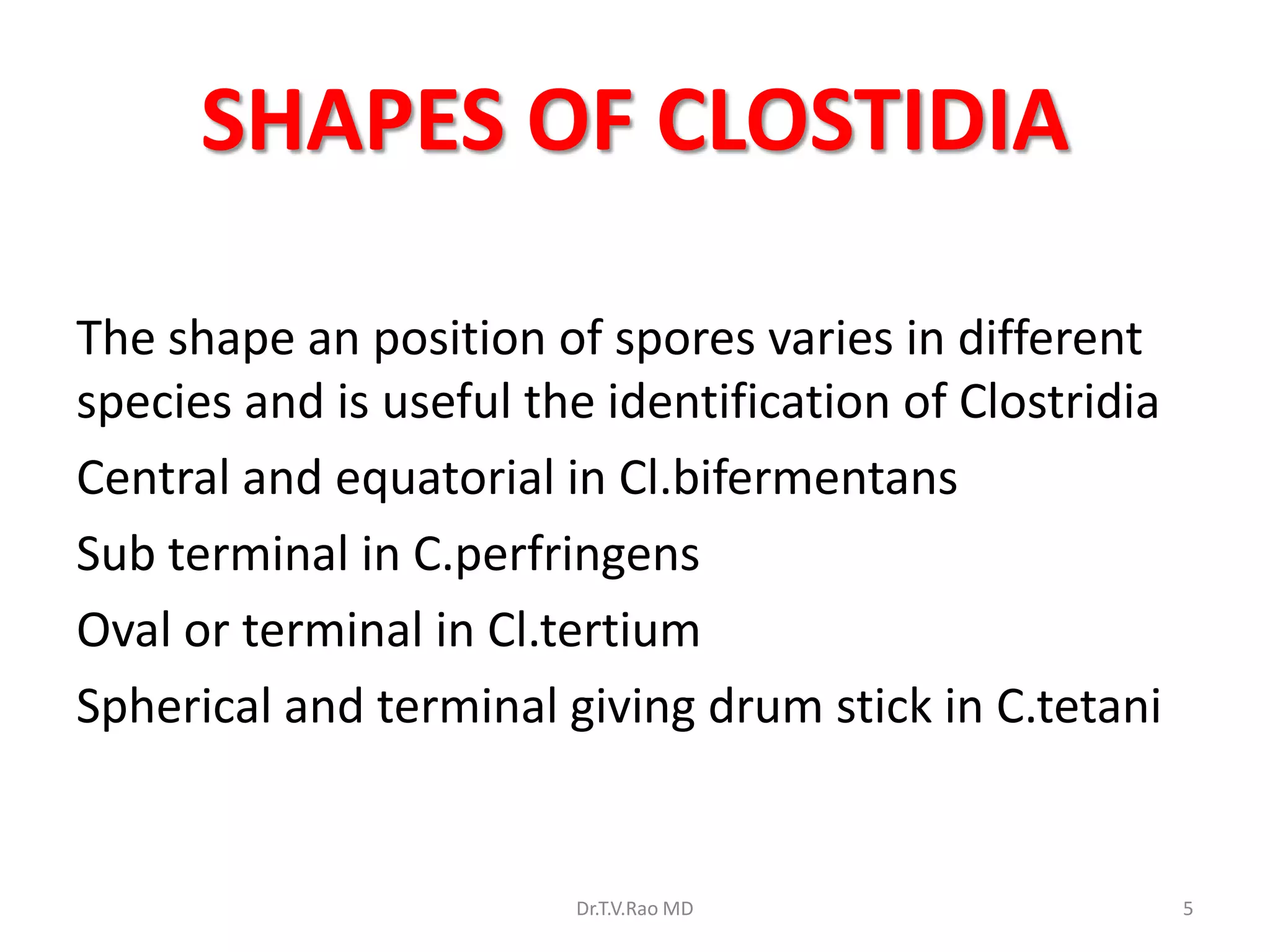 SHAPES OF CLOSTIDIA

The shape an position of spores varies in different
species and is useful the identification of Clostridia
Central and equatorial in Cl.bifermentans
Sub terminal in C.perfringens
Oval or terminal in Cl.tertium
Spherical and terminal giving drum stick in C.tetani


                        Dr.T.V.Rao MD                    5
 