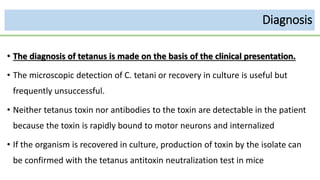 Diagnosis
• The diagnosis of tetanus is made on the basis of the clinical presentation.
• The microscopic detection of C. tetani or recovery in culture is useful but
frequently unsuccessful.
• Neither tetanus toxin nor antibodies to the toxin are detectable in the patient
because the toxin is rapidly bound to motor neurons and internalized
• If the organism is recovered in culture, production of toxin by the isolate can
be confirmed with the tetanus antitoxin neutralization test in mice
 