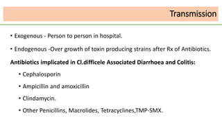 Transmission
• Exogenous - Person to person in hospital.
• Endogenous -Over growth of toxin producing strains after Rx of Antibiotics.
Antibiotics implicated in Cl.difficele Associated Diarrhoea and Colitis:
• Cephalosporin
• Ampicillin and amoxicillin
• Clindamycin.
• Other Penicillins, Macrolides, Tetracyclines,TMP-SMX.
 
