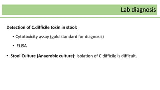 Lab diagnosis
Detection of C.difficile toxin in stool:
• Cytotoxicity assay (gold standard for diagnosis)
• ELISA
• Stool Culture (Anaerobic culture): Isolation of C.difficile is difficult.
 