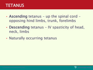 Universities Press
© Universities Press (India) Private Limited
TETANUS
• Ascending tetanus – up the spinal cord –
opposin...