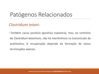 Patógenos Relacionados 
Clostridium tetani: 
•Tambémcausaparalisia(paralisiaespástica),mas,aocontráriodoClostridiumbotulinum,nãoháinterferêncianatransmissãodaacetilcolina.Arecuperaçãodependedaformaçãodenovasterminaçõesaxonais. 
www.icb.usp.br/bmm/arquivos/Clostridium%20sp.doc  