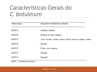Características Gerais do C. botulinum 
(Gomes M., 2013)  