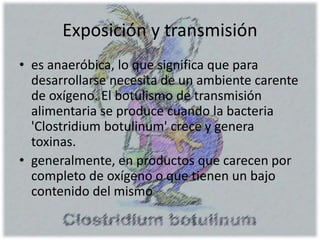 Exposición y transmisión
• es anaeróbica, lo que significa que para
desarrollarse necesita de un ambiente carente
de oxígeno. El botulismo de transmisión
alimentaria se produce cuando la bacteria
'Clostridium botulinum' crece y genera
toxinas.
• generalmente, en productos que carecen por
completo de oxígeno o que tienen un bajo
contenido del mismo
 