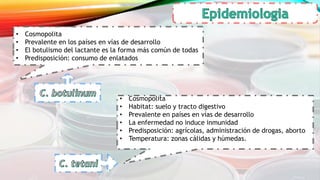 • Cosmopolita
• Prevalente en los países en vías de desarrollo
• El botulismo del lactante es la forma más común de todas
• Predisposición: consumo de enlatados
• Cosmopolita
• Habitat: suelo y tracto digestivo
• Prevalente en países en vías de desarrollo
• La enfermedad no induce inmunidad
• Predisposición: agrícolas, administración de drogas, aborto
• Temperatura: zonas cálidas y húmedas.
 