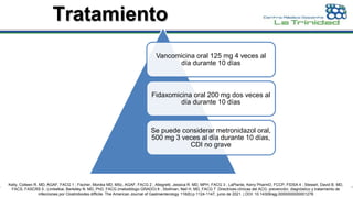 Vancomicina oral 125 mg 4 veces al
día durante 10 días
Fidaxomicina oral 200 mg dos veces al
día durante 10 días
Se puede considerar metronidazol oral,
500 mg 3 veces al día durante 10 días,
CDI no grave
Tratamiento
Kelly, Colleen R. MD, AGAF, FACG 1 ; Fischer, Monika MD, MSc, AGAF, FACG 2 ; Allegretti, Jessica R. MD, MPH, FACG 3 ; LaPlante, Kerry PharmD, FCCP, FIDSA 4 ; Stewart, David B. MD,
FACS, FASCRS 5 ; Limketkai, Berkeley N. MD, PhD, FACG (metodólogo GRADO) 6 ; Stollman, Neil H. MD, FACG 7 .Directrices clínicas del ACG: prevención, diagnóstico y tratamiento de
infecciones por Clostridioides difficile. The American Journal of Gastroenterology 116(6):p 1124-1147, junio de 2021. | DOI: 10.14309/ajg.0000000000001278
 
