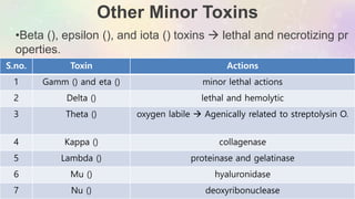 Other Minor Toxins
S.no. Toxin Actions
1 Gamm () and eta () minor lethal actions
2 Delta () lethal and hemolytic
3 Theta () oxygen labile  Agenically related to streptolysin O.
4 Kappa () collagenase
5 Lambda () proteinase and gelatinase
6 Mu () hyaluronidase
7 Nu () deoxyribonuclease
•Beta (), epsilon (), and iota () toxins  lethal and necrotizing pr
operties.
 