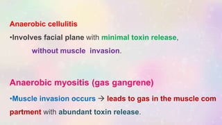 Anaerobic cellulitis
•Involves facial plane with minimal toxin release,
without muscle invasion.
Anaerobic myositis (gas gangrene)
•Muscle invasion occurs  leads to gas in the muscle com
partment with abundant toxin release.
 