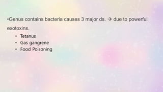 •Genus contains bacteria causes 3 major ds.  due to powerful
exotoxins.
• Tetanus
• Gas gangrene
• Food Poisoning
 