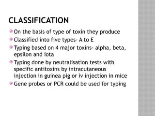 CLASSIFICATION
 On the basis of type of toxin they produce
 Classified into five types- A to E
 Typing based on 4 major toxins- alpha, beta,
epsilon and iota
 Typing done by neutralisation tests with
specific antitoxins by intracutaneous
injection in guinea pig or iv injection in mice
 Gene probes or PCR could be used for typing
 