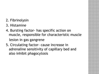 2. Fibrinolysin
3. Histamine
4. Bursting factor- has specific action on
muscle, responsible for characteristic muscle
lesion in gas gangrene
5. Circulating factor- cause increase in
adrenaline sensitivity of capillary bed and
also inhibit phagocytosis
 