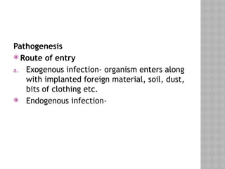 Pathogenesis
 Route of entry
a. Exogenous infection- organism enters along
with implanted foreign material, soil, dust,
bits of clothing etc.
 Endogenous infection-
 