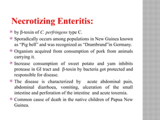Necrotizing Enteritis:
 by β-toxin of C. perfringens type C.
 Sporadically occurs among populations in New Guinea known
as “Pig bell” and was recognized as “Drambrand”in Germany.
 Organism acquired from consumption of pork from animals
carrying it.
 Increase consumption of sweet potato and yam inhibits
protease in GI tract and β-toxin by bacteria got protected and
responsible for disease.
 The disease is characterized by acute abdominal pain,
abdominal diarrhoea, vomiting, ulceration of the small
intestine and perforation of the intestine and acute toxemia.
 Common cause of death in the native children of Papua New
Guinea.
 