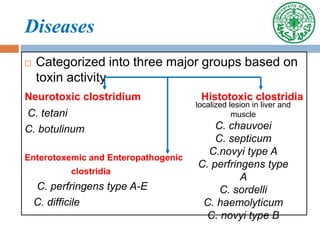 Diseases
 Categorized into three major groups based on
toxin activity
Neurotoxic clostridium Histotoxic clostridia
C. tetani
C. botulinum
Enterotoxemic and Enteropathogenic
clostridia
C. perfringens type A-E
C. difficile
localized lesion in liver and
muscle
C. chauvoei
C. septicum
C.novyi type A
C. perfringens type
A
C. sordelli
C. haemolyticum
C. novyi type B
 