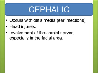 • Occurs with otitis media (ear infections)
• Head injuries.
• Involvement of the cranial nerves,
especially in the facial area.
CEPHALIC
 