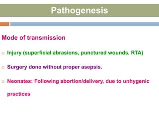 Pathogenesis
Mode of transmission
 Injury (superficial abrasions, punctured wounds, RTA)
 Surgery done without proper asepsis.
 Neonates: Following abortion/delivery, due to unhygenic
practices
 