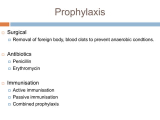 Prophylaxis
 Surgical
 Removal of foreign body, blood clots to prevent anaerobic condtions.
 Antibiotics
 Penicillin
 Erythromycin
 Immunisation
 Active immunisation
 Passive immunisation
 Combined prophylaxis
 