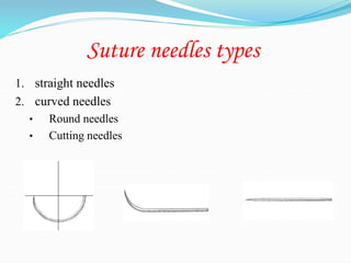 Suture needles types
1. straight needles
2. curved needles
• Round needles
• Cutting needles
 