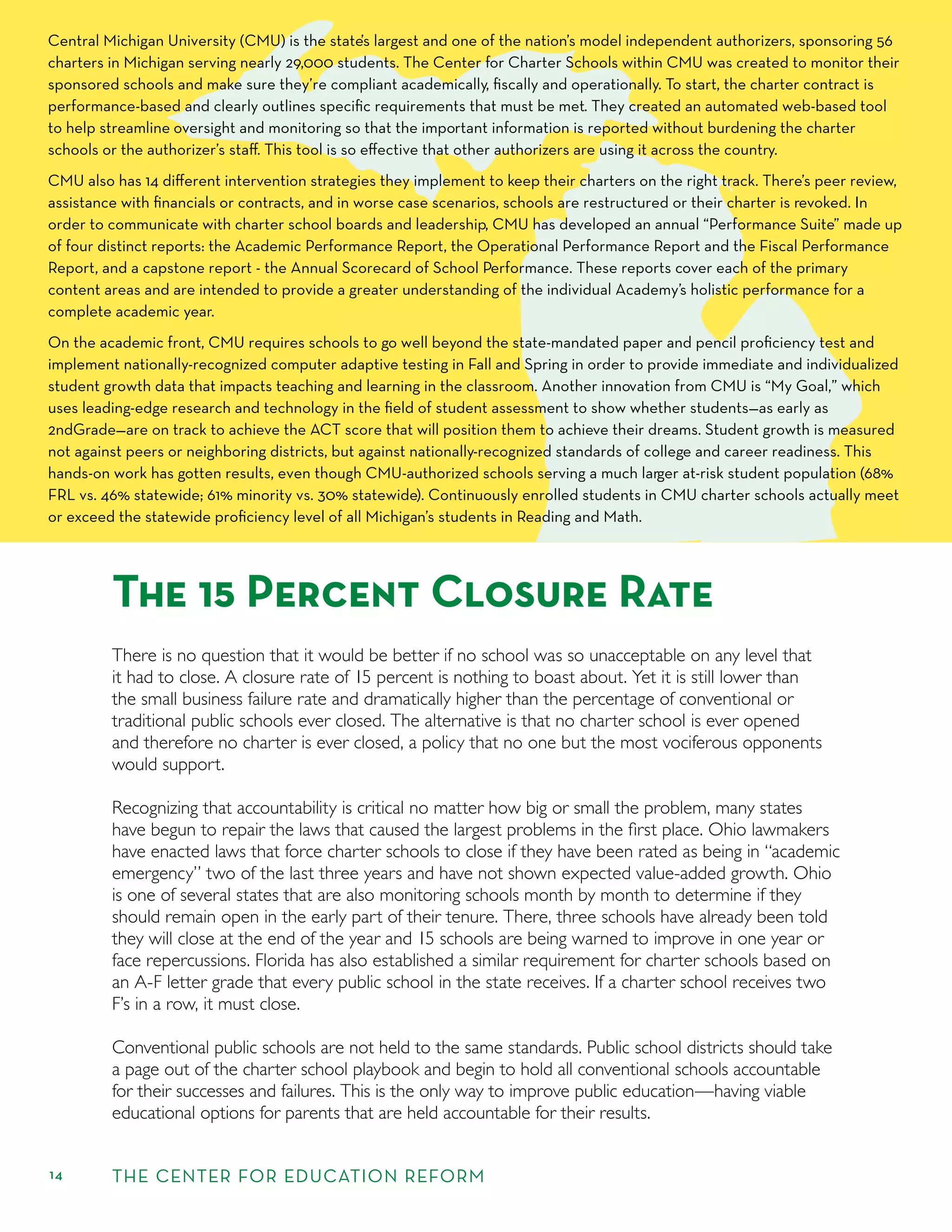 14 THE CENTER FOR EDUCATION REFORM
The 15 Percent Closure Rate
There is no question that it would be better if no school was so unacceptable on any level that
it had to close. A closure rate of 15 percent is nothing to boast about. Yet it is still lower than
the small business failure rate and dramatically higher than the percentage of conventional or
traditional public schools ever closed. The alternative is that no charter school is ever opened
and therefore no charter is ever closed, a policy that no one but the most vociferous opponents
would support.
Recognizing that accountability is critical no matter how big or small the problem, many states
have begun to repair the laws that caused the largest problems in the ﬁrst place. Ohio lawmakers
have enacted laws that force charter schools to close if they have been rated as being in “academic
emergency” two of the last three years and have not shown expected value-added growth. Ohio
is one of several states that are also monitoring schools month by month to determine if they
should remain open in the early part of their tenure. There, three schools have already been told
they will close at the end of the year and 15 schools are being warned to improve in one year or
face repercussions. Florida has also established a similar requirement for charter schools based on
an A-F letter grade that every public school in the state receives. If a charter school receives two
F’s in a row, it must close.
Conventional public schools are not held to the same standards. Public school districts should take
a page out of the charter school playbook and begin to hold all conventional schools accountable
for their successes and failures. This is the only way to improve public education—having viable
educational options for parents that are held accountable for their results.
Central Michigan University (CMU) is the state’s largest and one of the nation’s model independent authorizers, sponsoring 56
charters in Michigan serving nearly 29,000 students. The Center for Charter Schools within CMU was created to monitor their
sponsored schools and make sure they’re compliant academically, ﬁscally and operationally. To start, the charter contract is
performance-based and clearly outlines speciﬁc requirements that must be met. They created an automated web-based tool
to help streamline oversight and monitoring so that the important information is reported without burdening the charter
schools or the authorizer’s staﬀ. This tool is so eﬀective that other authorizers are using it across the country.
CMU also has 14 diﬀerent intervention strategies they implement to keep their charters on the right track. There’s peer review,
assistance with ﬁnancials or contracts, and in worse case scenarios, schools are restructured or their charter is revoked. In
order to communicate with charter school boards and leadership, CMU has developed an annual “Performance Suite” made up
of four distinct reports: the Academic Performance Report, the Operational Performance Report and the Fiscal Performance
Report, and a capstone report - the Annual Scorecard of School Performance. These reports cover each of the primary
content areas and are intended to provide a greater understanding of the individual Academy’s holistic performance for a
complete academic year.
On the academic front, CMU requires schools to go well beyond the state-mandated paper and pencil proﬁciency test and
implement nationally-recognized computer adaptive testing in Fall and Spring in order to provide immediate and individualized
student growth data that impacts teaching and learning in the classroom. Another innovation from CMU is “My Goal,” which
uses leading-edge research and technology in the ﬁeld of student assessment to show whether students—as early as
2ndGrade—are on track to achieve the ACT score that will position them to achieve their dreams. Student growth is measured
not against peers or neighboring districts, but against nationally-recognized standards of college and career readiness. This
hands-on work has gotten results, even though CMU-authorized schools serving a much larger at-risk student population (68%
FRL vs. 46% statewide; 61% minority vs. 30% statewide). Continuously enrolled students in CMU charter schools actually meet
or exceed the statewide proﬁciency level of all Michigan’s students in Reading and Math.
 