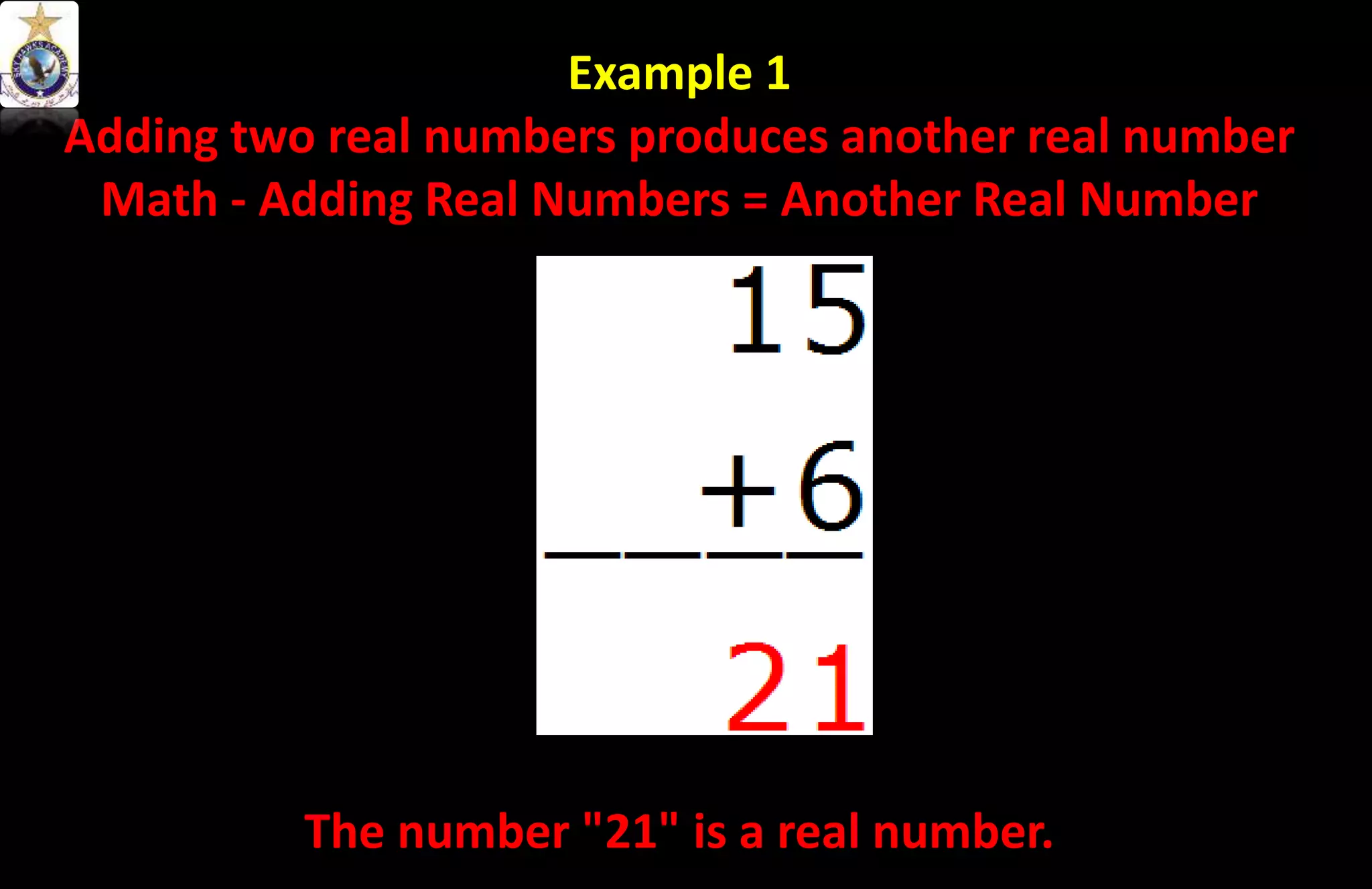 Example 1
Adding two real numbers produces another real number
Math - Adding Real Numbers = Another Real Number
The number "21" is a real number.