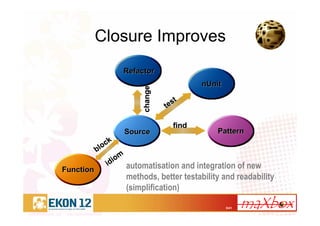 5/41
Closure Improves
automatisation and integration of new
methods, better testability and readability
(simplification)
SourceSource
findfind
FunctionFunction
nUnitnUnit
test
test
RefactorRefactor
changechange
PatternPattern
block
block
idiom
idiom
 