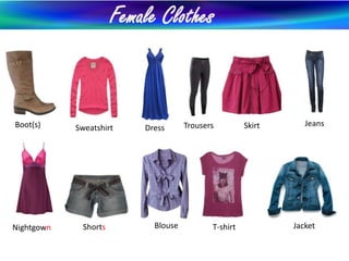 Female Clothes
Boot(s) Dress
Jacket
SkirtTrousersSweatshirt
BlouseShortsNightgown
Jeans
T-shirt
 