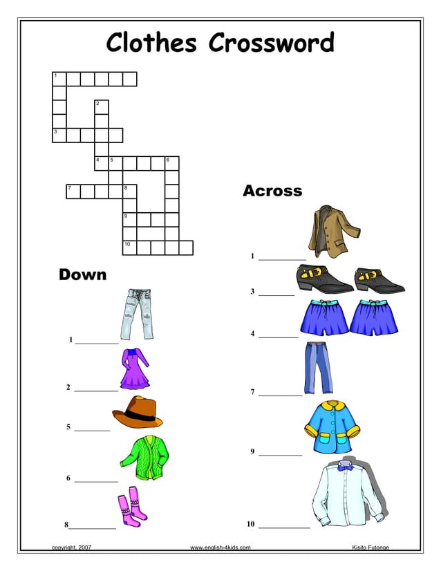 Clothes Crossword Puzzle with 10 Words PDF