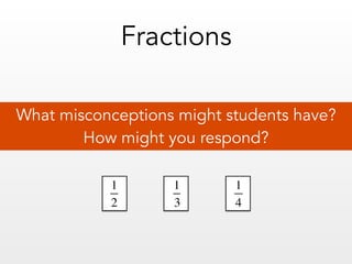1
2
1
3
1
4
0 1
Fractions
What misconceptions might students have?
How might you respond?
 