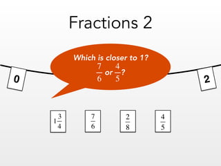 0 2
2
8
4
5
7
6
Fractions 2
1
3
4
Which is closer to 1? 
or ?
7
6
4
5
 