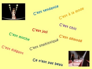 C’est sophistiqué
C’est chicC’est joli
C’est élégant
C’est démodé
C’est à la mode
C’est moche
Ce n’est pas beau
C’est tendance
 