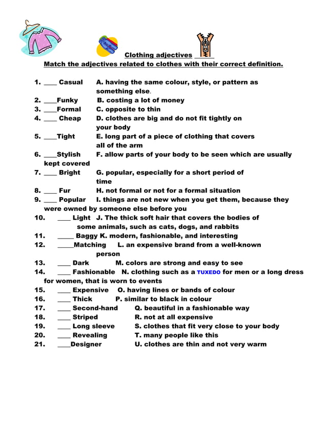 Clothing adjectives matching exercises definitions | PDF