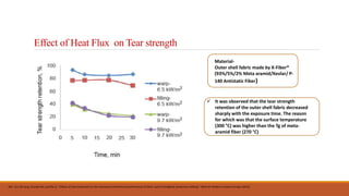 Effect of Heat Flux on Tear strength
Material-
Outer shell fabric made by X-Fiber®
(93%/5%/2% Meta aramid/Kevlar/ P-
140 Antistatic Fiber)
Ref.- Cui, Zhi-ying, Chunjie Ma, and Na Lv. "Effects of heat treatment on the mechanical and thermal performance of fabric used in firefighter protective clothing." Fibres & Textiles in Eastern Europe (2015).
 It was observed that the tear strength
retention of the outer shell fabric decreased
sharply with the exposure time. The reason
for which was that the surface temperature
(300 °C) was higher than the Tg of meta-
aramid fiber (270 °C)
 