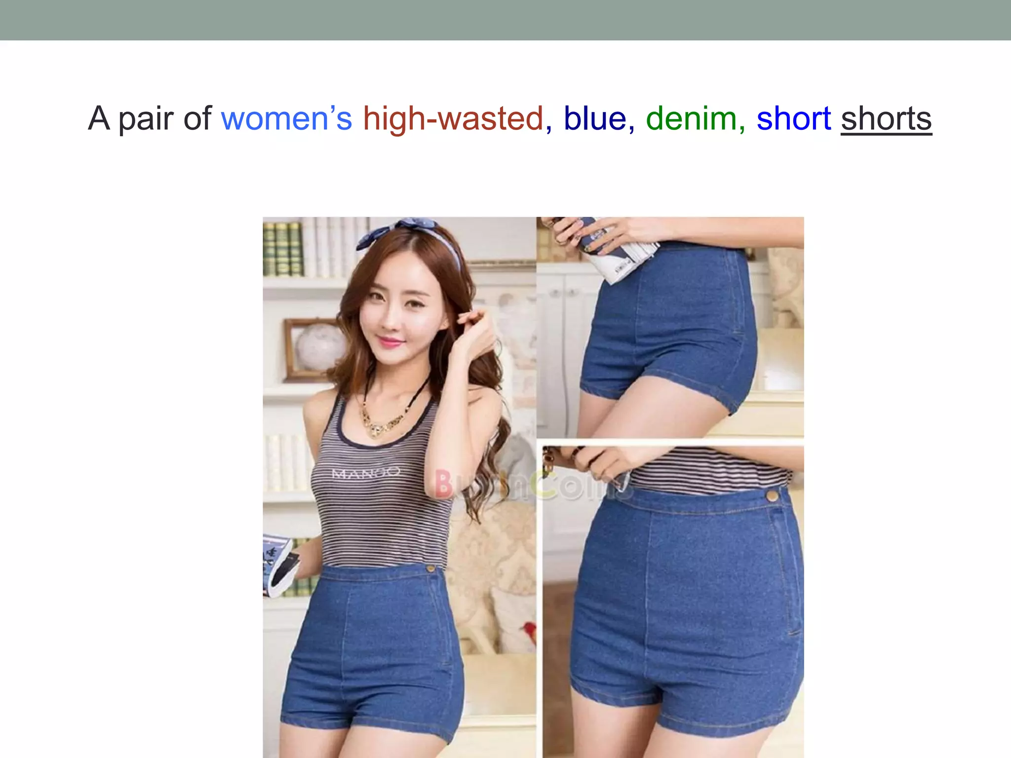 A pair of women’s high-wasted, blue, denim, short shorts