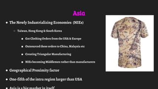 Asia
● The Newly Industrializing Economies (NIEs)
○ Taiwan, Hong Kong & SouthKorea
■ Got ClothingOrders from the USA & Europe
■ Outsourcedthese orders to China, Malaysia etc
■ Creating Triangular Manufacturing
■ NIEs becoming Middlemen rather than manufacturers
● Geographical Proximity factor
● One-fifth of the intra region larger than USA
 