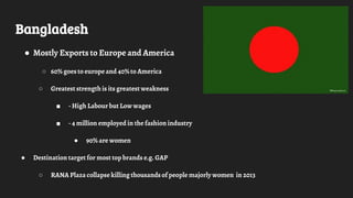 Bangladesh
● Mostly Exports to Europe and America
○ 60% goes to europe and 40% to America
○ Greatest strength is its greatest weakness
■ - High Labour but Low wages
■ - 4 million employed in the fashion industry
● 90% are women
● Destination target for most top brands e.g. GAP
○ RANA Plaza collapse killing thousandsof people majorly women in 2013
 