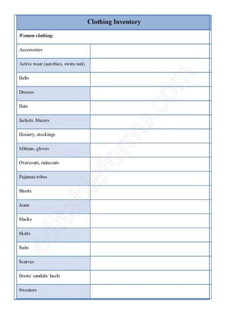Clothing Inventory Fillable PDF Template