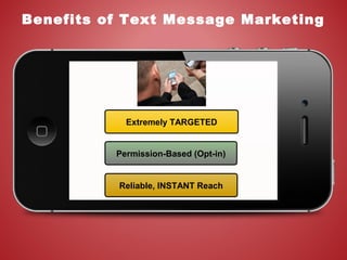 Extremely TARGETED
Permission-Based (Opt-in)
Reliable, INSTANT Reach
Benefits of Text Message Marketing
 