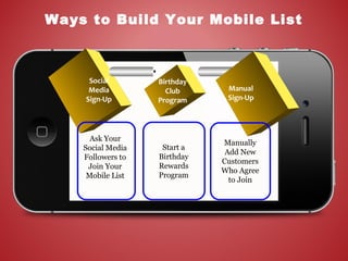 Social
Media
Sign-Up
Ask Your
Social Media
Followers to
Join Your
Mobile List
Manual
Sign-Up
Birthday
Club
Program
Start a
Birthday
Rewards
Program
Manually
Add New
Customers
Who Agree
to Join
Ways to Build Your Mobile List
 