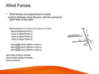 Wind Forces
• Wind forces are proportional to scalar
product between wind direction and the normal of
each face of the cloth.
Dot product=v1.x*v2.x+v1.y*v2.y+v1.z*v2.z
dans=dot(wind,tnorm);
cans.x=dans*tnorm.x;
cans.y=dans*tnorm.y;
cans.z=dans*tnorm.z;
spring[i][j].wind_effect.x=cans.x;
spring[i][j].wind_effect.y=cans.y;
spring[i][j].wind_effect.z=cans.z;
dans=dot product answer
cans=cross product answer
tnorm=normal
 