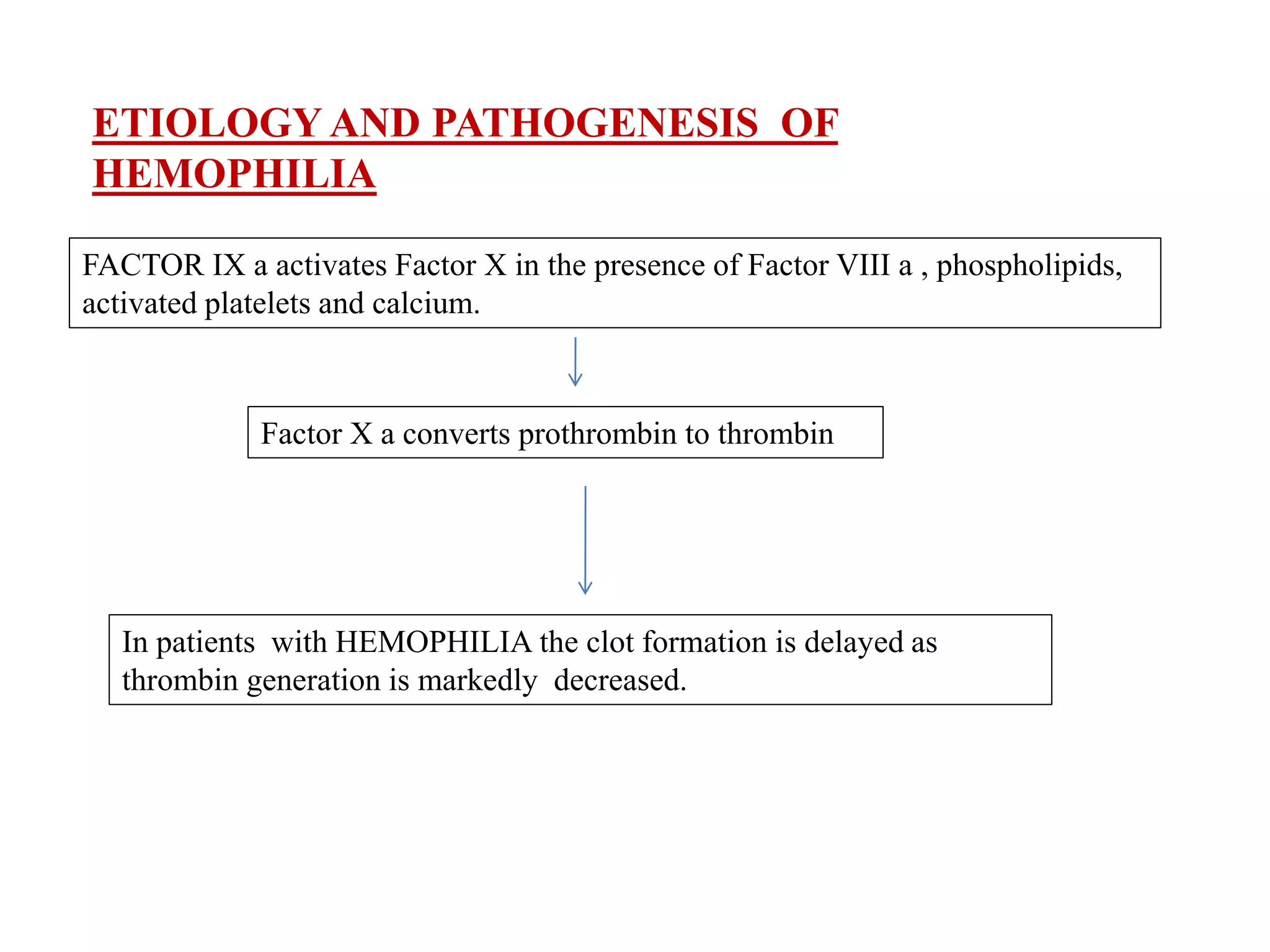 ETIOLOGY AND PATHOGENESIS OF
HEMOPHILIA
FACTOR IX a activates Factor X in the presence of Factor VIII a , phospholipids,
activated platelets and calcium.
Factor X a converts prothrombin to thrombin
In patients with HEMOPHILIA the clot formation is delayed as
thrombin generation is markedly decreased.
 