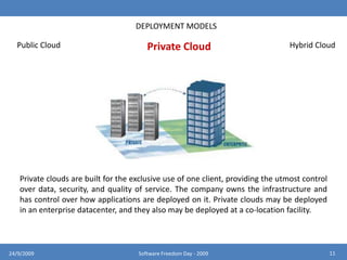 Alternatively, a “Zero-One-Infinity” definition:0On-premise infrastructure	Acquisition cost	Adoption cost	Support cost1Coherent and resilient environment – not a brittle “software stack”Scalability in response to changing needIntegrability/Interoperability with legacy assets and other services	Customizability/Programmability from data, through logic, up into the	user interface without compromising robust multi-tenancy 724/9/2009Software Freedom Day - 2009