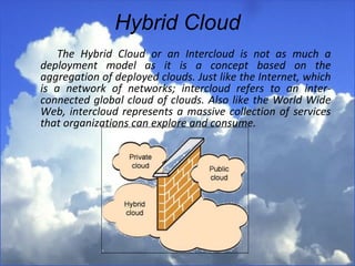 Hybrid Cloud The Hybrid Cloud or an Intercloud is not as much a deployment model as it is a concept based on the aggregation of deployed clouds. Just like the Internet, which is a network of networks; intercloud refers to an inter-connected global cloud of clouds. Also like the World Wide Web, intercloud represents a massive collection of services that organizations can explore and consume.  