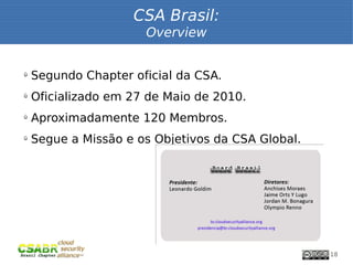 CSA Brasil:
                      Overview


ü
    Segundo Chapter oficial da CSA.
ü
    Oficializado em 27 de Maio de 2010.
ü
    Aproximadamente 120 Membros.
ü
    Segue a Missão e os Objetivos da CSA Global.




                                                   18
 