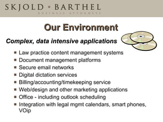 Our Environment Complex, data intensive applications  Law practice content management systems Document management platforms Secure email networks Digital dictation services Billing/accounting/timekeeping service  Web/design and other marketing applications Office - including outlook scheduling Integration with legal mgmt calendars, smart phones, VOip 