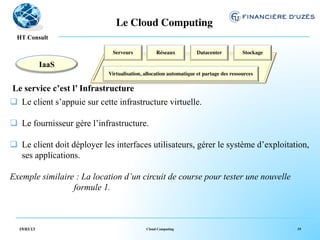 Le Cloud Computing	

    !
  HT Consult
                                   	

                 	

                 	

                	

                               Serveurs	

         Réseaux	

         Datacenter	

       Stockage	

                                   	

                 	

                 	

                	

             IaaS                                               	

                             Virtualisation, allocation automatique et partage des ressources	

                                                                	

Le service c’est l’ Infrastructure
q  Le client s’appuie sur cette infrastructure virtuelle.

q  Le fournisseur gère l’infrastructure.

q  Le client doit déployer les interfaces utilisateurs, gérer le système d’exploitation,
    ses applications.

Exemple similaire : La location d’un circuit de course pour tester une nouvelle
                 formule 1.



  19/03/13                                    Cloud Computing                                           19
 