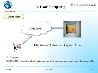 Le Cloud Computing	

  !
HT Consult

   Cloud Privé	




                          Cloud Privé	





                           q  Infrastructure Technique et Logiciel Dédiée



q  Exemple:
CEGID et IBM ont créé un cloud privé au service de la croissance des entreprises et du secteur public


19/03/13                                    Cloud Computing                                      21
 