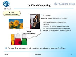 Le Cloud Computing	

  !
HT Consult

    Cloud
 Communautaire	

                                q  Exemple:
                                                 Amadeus dans le domaine des voyages :

                                                 •    150 compagnies aériennes clientes,
                                                 •    100 pays.
                                                 •    280 millions transactions quotidiennes.
                                                 •    2 500 informaticiens en développement.
                                                 •    300 M€ investissements informatiques/an.
                       Cloud
                    Communautaire	





 q  Partage de ressources et informations au sein de groupes spécialisés.

19/03/13                            Cloud Computing                                         24
 